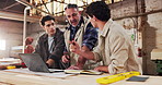 Carpenter, team and meeting in workshop with laptop, research and review design for production. People, talking or pc in factory for carpentry, online blueprint and policy for manufacturing furniture