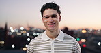 Face, student and man in city at night for travel, tourism and confidence for holiday or college break. Bokeh, portrait and person with smile for vacation, study abroad and relax in evening outdoor