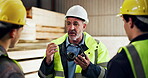 Carpentry, team and meeting in warehouse with earphones, safety discussion and manufacturing. People, PPE talk and collaboration in factory with woodwork advice, furniture production and project