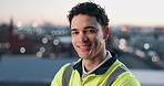 Face, engineer and happy man in city for construction, pride or civil engineering professional. Portrait, smile or architect outdoor with confidence, infrastructure development or about us with bokeh