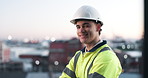 Face, architect and happy man in city for construction, pride or professional with safety helmet. About us, smile or civil engineer outdoor with hard hat for ppe, infrastructure development and bokeh