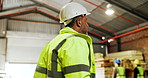 Thinking, man and helmet in workshop for carpentry, inspection and timber production. Thoughts, mature person and carpenter in factory for safety, quality control and ppe for manufacturing furniture