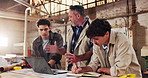 Carpenter, team and talking in workshop with laptop, research and review design for production. People, meeting or pc in factory for carpentry, online blueprint and policy for manufacturing furniture