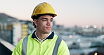 Thinking, balcony and man in city for construction, urban planning or idea for building project. Contractor, engineering and happy person with reflection for infrastructure, expansion and development