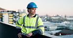 Construction, balcony and man in city for planning, expansion project and idea for building site. Contractor, engineering and person thinking for infrastructure, remodeling and urban development