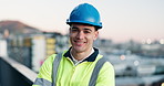 Face, architect and man in city with smile, pride or professional with safety helmet. About us, happy or civil engineer outdoor with hard hat, infrastructure development or construction on rooftop