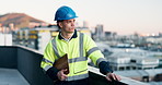 Construction, balcony and man with clipboard for planning, expansion project and idea for building site. Contractor, engineer and person in city thinking for infrastructure, remodeling or development