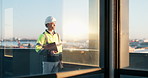 Construction, thinking and man on balcony for building, expansion project and idea for urban planning. Contractor, engineer and person with evaluation for infrastructure, remodeling and development