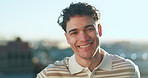 Face, happy and man with pride in city for real estate, property or business opportunity. Portrait, male person or smile with confidence on balcony for urban infrastructure or development in town