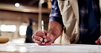 Hands, sketch and blueprint for planning design for building construction, architecture detail or idea. Process, information and floor plan with person at worksite for project management with paper