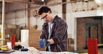 Carpentry, wrist pain or man in factory with massage, muscle issue or fatigue in building project. Accident, overworked or carpenter with joint discomfort, hand strain or labor injury in woodworking.