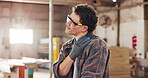 Carpentry, neck pain or man in warehouse with massage, muscle issue or fatigue in building project. Accident, overworked or carpenter with discomfort, cervical strain or labor injury in woodworking.
