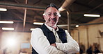 Face, carpenter and happy in workshop with arms crossed, career pride and about us for manufacturing. Portrait, mature man and goggles in factory with smile, carpentry skills and furniture production