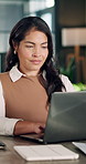 Business, woman and typing in office with laptop, research and finance report for accounting. Thinking, female person or email in workplace with pc, schedule update and financial audit for investment
