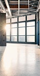 Space, window and vacant office with interior for empty room, real estate and property showcase. Flare, architecture and workspace for leasing, commercial and investment or rental for downsizing