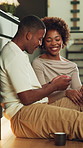 Happy, couple and relax at house with pregnancy test, good news and announcement for ivf success. Smile, African people and kiss in kitchen with fertility kit, positive results and pregnant woman