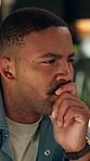 Remote work, insight or man in home with thinking, brainstorming or funding ideas in budget pitch. WFH, black person or financial consultant with tech, problem solving or proposal plan for investment