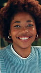 Creative, woman and smile with face in office for marketing internship, career growth or about us. Black person, advertising intern and happy at agency for job experience, entry level or opportunity