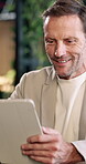 Tablet, research and reading with business man for planning, insurance policy and coverage report. Premium claims, risk assessment agent and online review with mature person and tech in agency