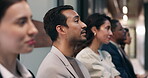 Business, training or man in office with attention, learning or presentation in budget review. Meeting, crowd or finance consultant with insight, target coaching or engagement in corporate literacy.