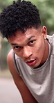 Breathing, face and man outdoor for fitness, exercise and recovery for intense workout or challenge. Runner, portrait and person with fatigue, tired and break for health, wellness and sweating