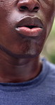 Tired, man and breathe with closeup for fitness, exercise and exhausted from intense training. Fatigue, male person and sweating at park with burnout, sports workout and runner cool down for recovery