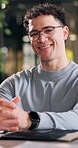 Laughing, face and man with glasses in office, graphic designer or confident for career development. Creative, employee and happy person with eyewear, pride and ambitious with design job in Canada