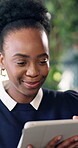 Reading, tablet and search with business black woman for happy, public relation statement and editor. Online review, media report and planning with employee and tech in agency for creative campaign