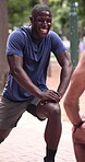 Man, stretching and partner outdoor with talking, trainer and athlete with lunge for workout in park. Person, conversation and coach for start of exercise, warm up and training with laugh in nature