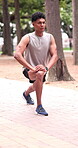 Man, lunge and exercise with coach in park, talking and instructor with warm up for muscle resistance. Person, trainer and stretching legs for strength, fitness and training with workout outdoor