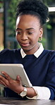 Reading, tablet and smile with business black woman for search, public relation statement and editor. Online review, media report and planning with employee and tech in agency for creative campaign