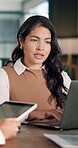 Businesswoman, talking and team with technology in office, wealth management or plan for investment. Business, financial advisor and people with laptop, meeting and collaboration for project on web