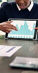Online, graphs and hands with tablet screen in boardroom, talking or planning for investment on web. Business, financial advisor and person with technology, data analysis and meeting for project