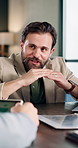 Businessman, talk and team with tablet in office, wealth management or brainstorming for investment.  Business, financial advisor and people with technology, discussion and collaboration for project