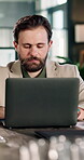 Reading, laptop and typing with business man for research, public relation statement and editor. Online review, media report and planning with employee and tech in agency for creative campaign