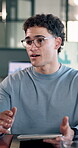 Team, meeting and businessman with tablet in boardroom, discussion or planning for investment on web. Business, financial advisor and person with glasses, brainstorming and research with technology