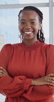 Face, confidence and black woman in office, creative copywriter and laugh for career growth. Smile, arms crossed and funny person in business with positive attitude, content writer and about us