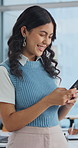 Laugh, office and woman with phone for social media, online networking and notification. Professional, startup agency and business person with tech for typing message, email and chat on internet