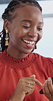 Laugh, scroll and black woman with phone for social media, online networking and notification. Office, startup agency and business person with tech for typing message, email or chat on internet