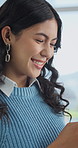Laugh, typing and woman with phone in office for social media, online networking and notification. Employee, startup agency and business person with tech for scroll message, email or chat on internet