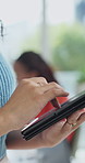 Woman, hands and scroll in office with tablet, creativity and research for graphic design project. Digital designer, person and browsing in marketing agency with tech, planning campaign and media.