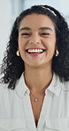 Face, creative and woman laugh in startup, fashion magazine editor and career satisfaction. Smile, confidence and happy person in business office, style publication or portrait with pride in Spain