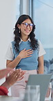 Applause, success and meeting with business woman for marketing strategy, workshop and praise. Winner, happy and support with people in agency for thank you, celebration and good news in office
