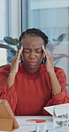 Headache, stress and overworked with business woman in office for deadline pressure, crisis and tension. Overwhelmed, mental health and migraine with person for fail, mistake and burnout risk

