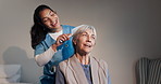 Woman, nurse or brushing hair with senior patient for assisted living, healthcare or grooming in home. Female people, caregiver or helping elderly with hairstyle for love, support or care in house