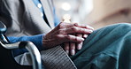 Thinking, wheelchair and hands of senior person with reflection, concern and sadness for diagnosis. Retirement, nursing home and woman with worry, memory loss or thoughtful for dementia or Alzheimers