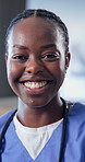 Face, nurse or black woman with smile in home for medical service, assistance or help. Portrait, female person or happy caregiver with positive attitude for health support, trust or medicare in house