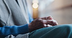 Thinking, anxiety and hands of senior woman with reflection, concern and nervous for diagnosis. Retirement, nursing home and person with worry, memory loss and anxious for dementia or Alzheimers