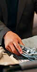 Travel, hands and businessman packing suitcase for work trip, hotel room checkout and opportunity. Business employee, luggage and preparing clothes for accommodation departure, leaving and planning