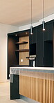 Empty, room and kitchen renovation with cabinetry for modern finish, property upgrade or lighting. Interior design, remodeling project and cover for fitted furniture, refurbishment and house makeover